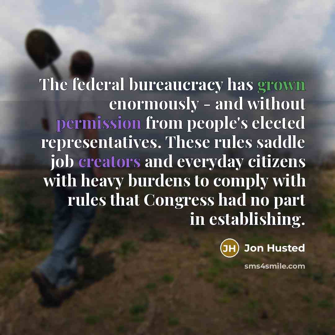 “The federal bureaucracy has grown enormously - and without permission from people's elected representatives. These rules saddle job creators and everyday citizens with heavy burdens to comply with rules that Congress had no part in establishing.” quote by Jon Husted
