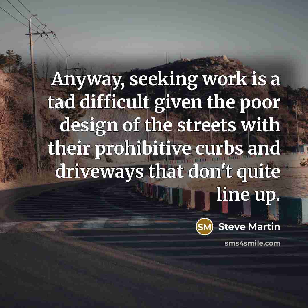 “Anyway, seeking work is a tad difficult given the poor design of the streets with their prohibitive curbs and driveways that don't quite line up.” quote by Steve Martin
