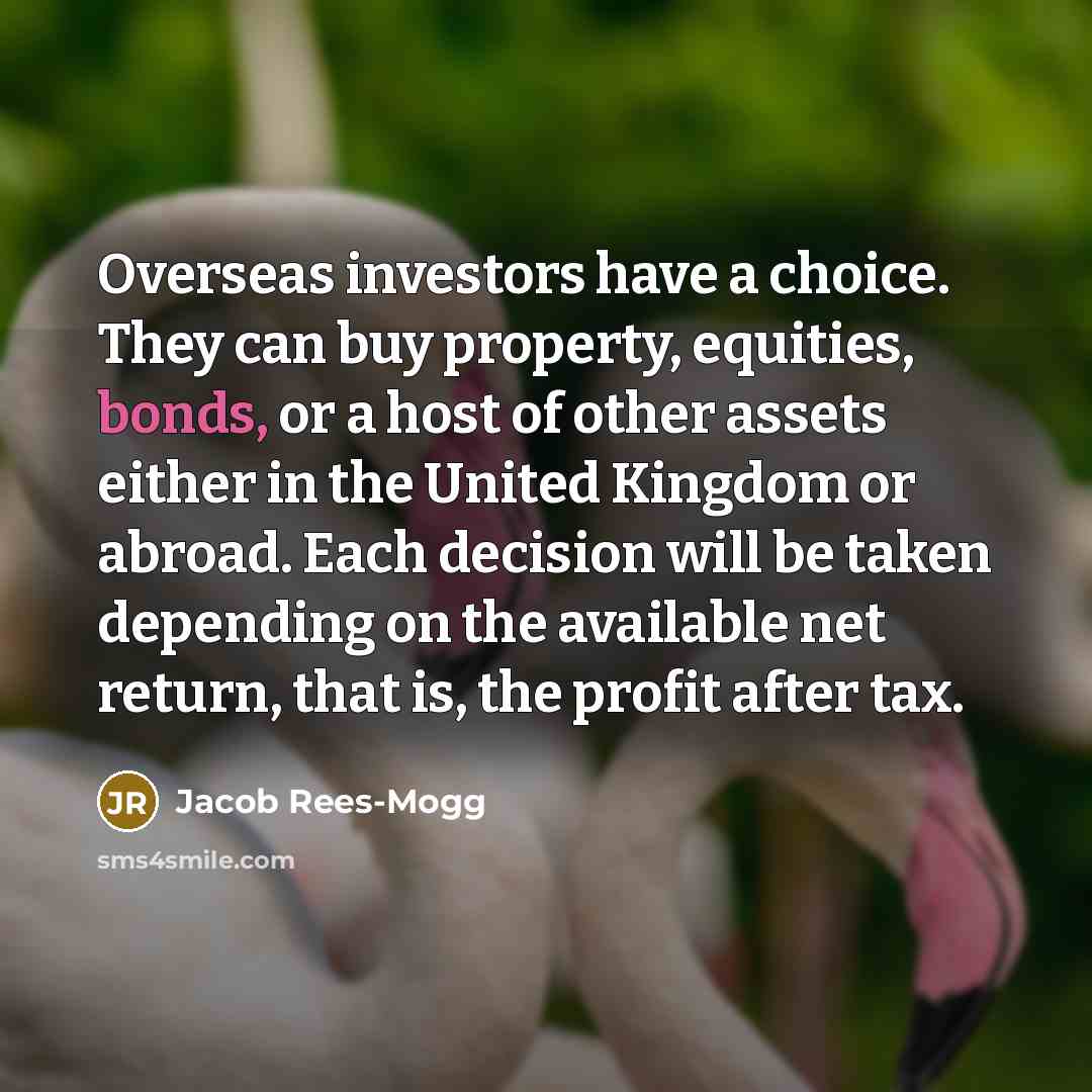 “Overseas investors have a choice. They can buy property, equities, bonds, or a host of other assets either in the United Kingdom or abroad. Each decision will be taken depending on the available net return, that is, the profit after tax.” quote by Jacob Rees-Mogg