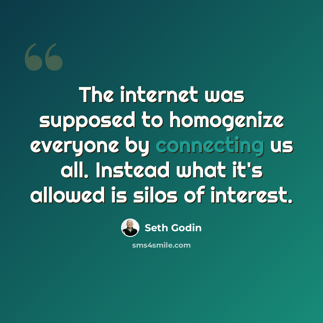 “The internet was supposed to homogenize everyone by connecting us all. Instead what it's allowed is silos of interest.” quote by Seth Godin