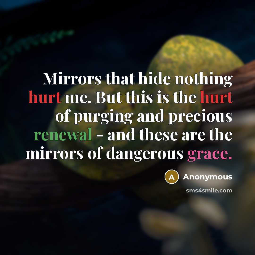 “Mirrors that hide nothing hurt me. But this is the hurt of purging and precious renewal - and these are the mirrors of dangerous grace.” quote by Anonymous