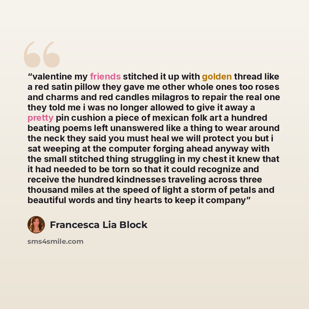 “valentine my friends stitched it up with golden thread like a red satin pillow they gave me other whole ones too roses and charms and red candles milagros to repair the real one they told me i was no longer allowed to give it away a pretty pin cushion a piece of mexican folk art a hundred beating…” quote by Francesca Lia Block