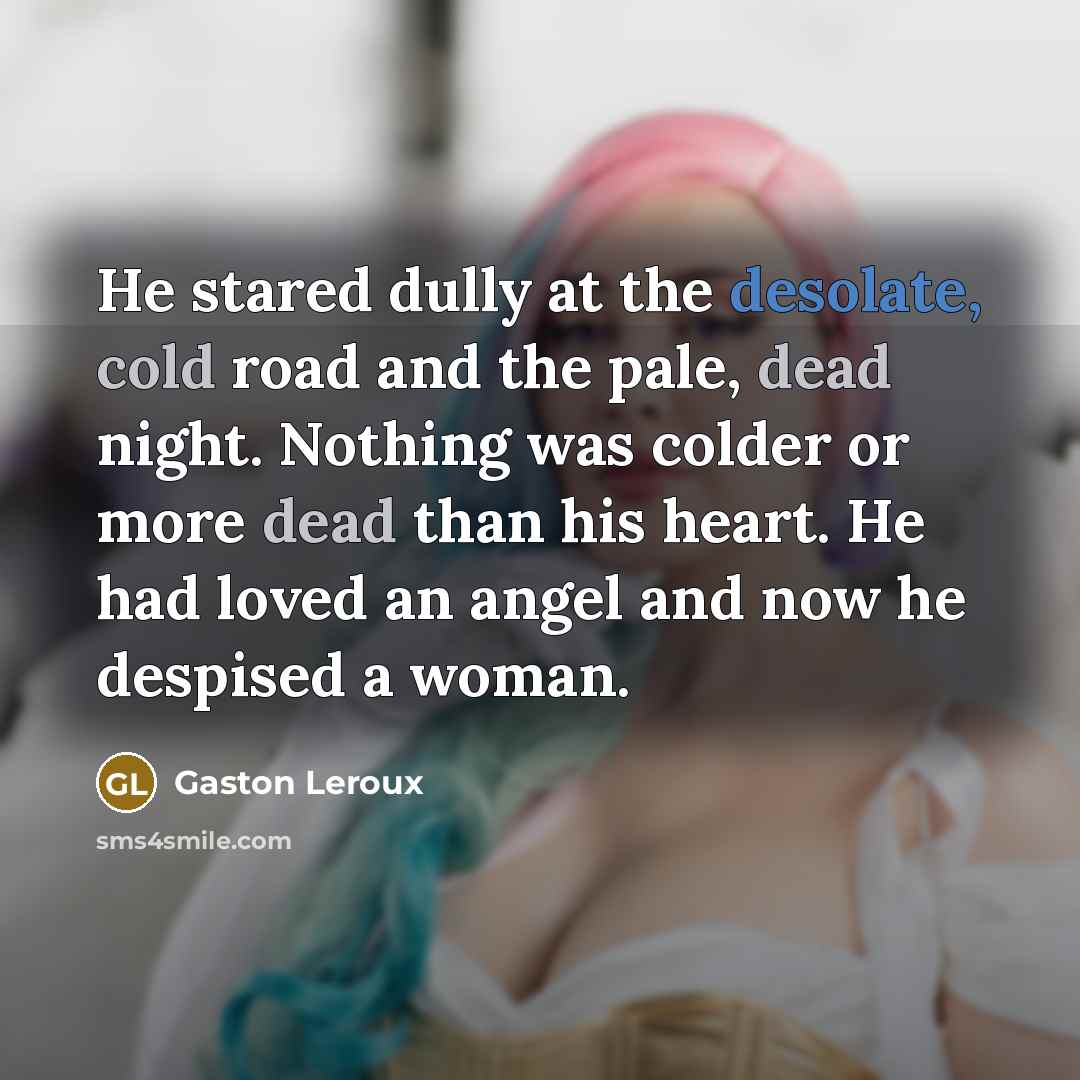 “He stared dully at the desolate, cold road and the pale, dead night. Nothing was colder or more dead than his heart. He had loved an angel and now he despised a woman.” quote by Gaston Leroux