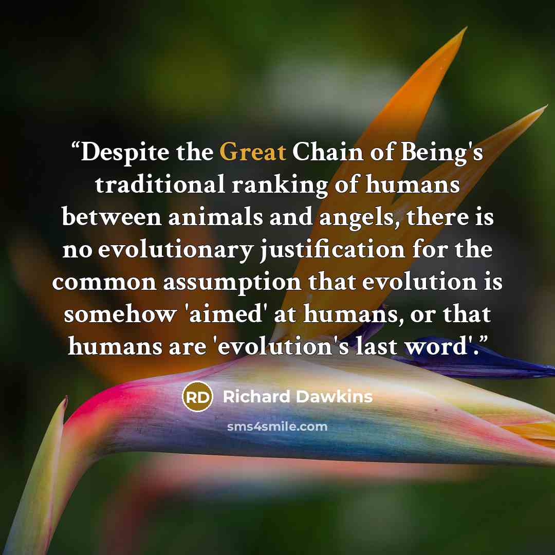 “Despite the Great Chain of Being's traditional ranking of humans between animals and angels, there is no evolutionary justification for the common assumption that evolution is somehow 'aimed' at humans, or that humans are 'evolution's last word'.” quote by Richard Dawkins