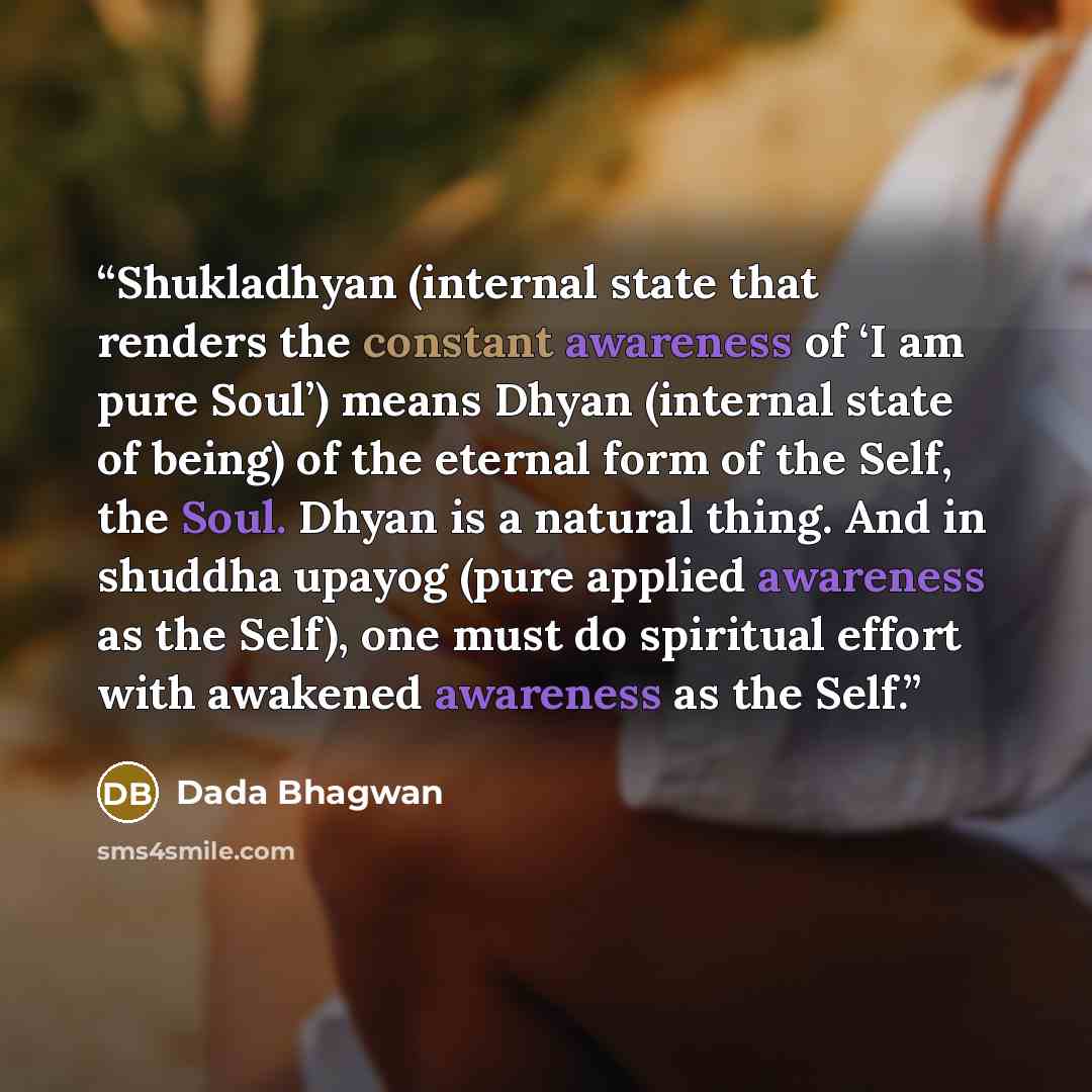 “Shukladhyan (internal state that renders the constant awareness of ‘I am pure Soul’) means Dhyan (internal state of being) of the eternal form of the Self, the Soul. Dhyan is a natural thing. And in shuddha upayog (pure applied awareness as the Self), one must do spiritual effort with awakened…” quote by Dada Bhagwan