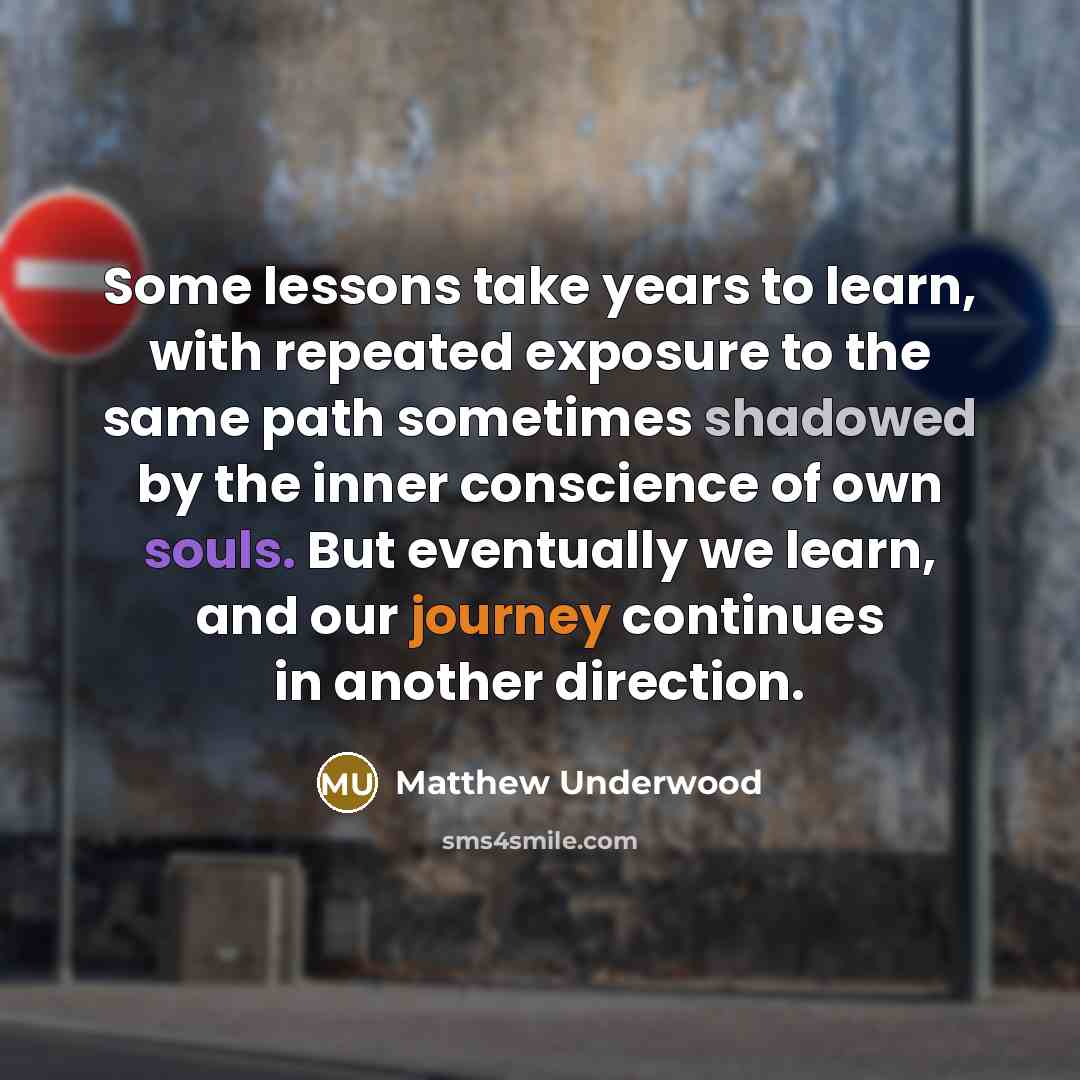 “Some lessons take years to learn, with repeated exposure to the same path sometimes shadowed by the inner conscience of own souls. But eventually we learn, and our journey continues in another direction.” quote by Matthew Underwood