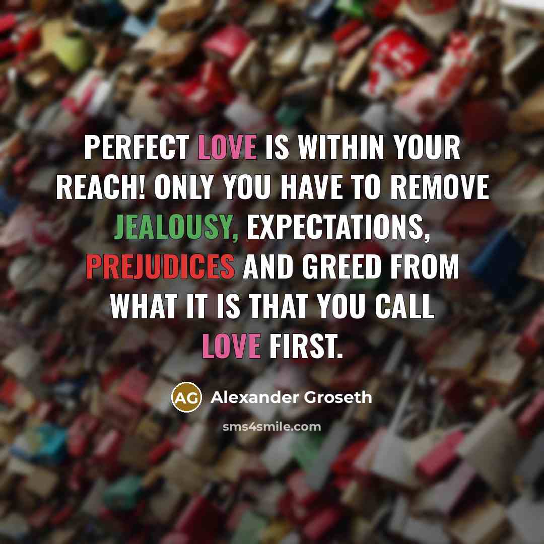 “Perfect love is within your reach! Only you have to remove jealousy, expectations, prejudices and greed from what it is that YOU call love first.” quote by Alexander Groseth