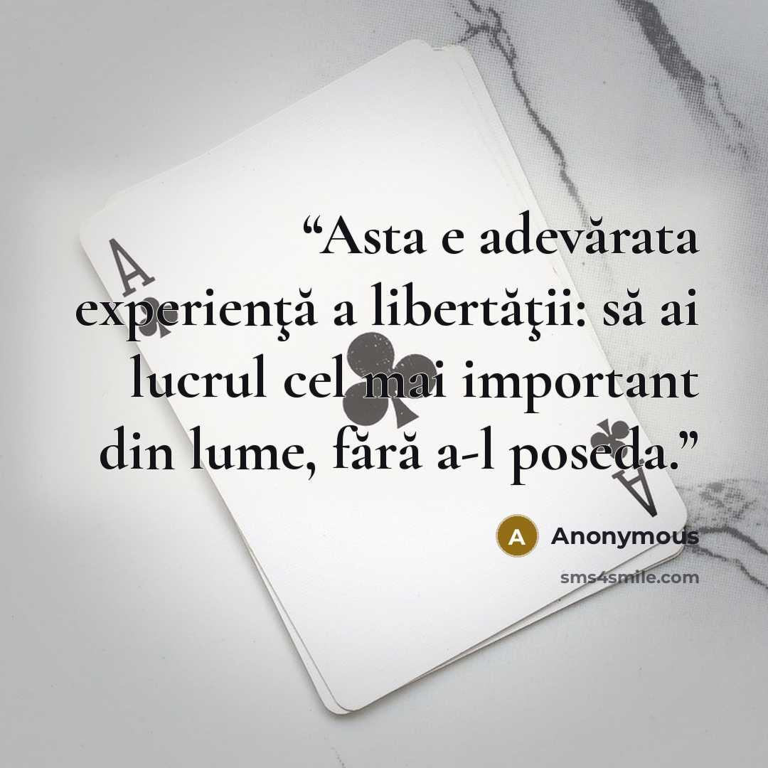 “Asta e adevărata experienţă a libertăţii: să ai lucrul cel mai important din lume, fără a-l poseda.” quote by Anonymous