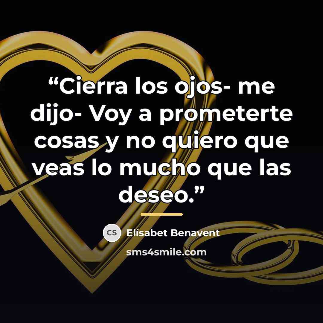 “Cierra los ojos- me dijo- Voy a prometerte cosas y no quiero que veas lo mucho que las deseo.” quote by Elísabet Benavent