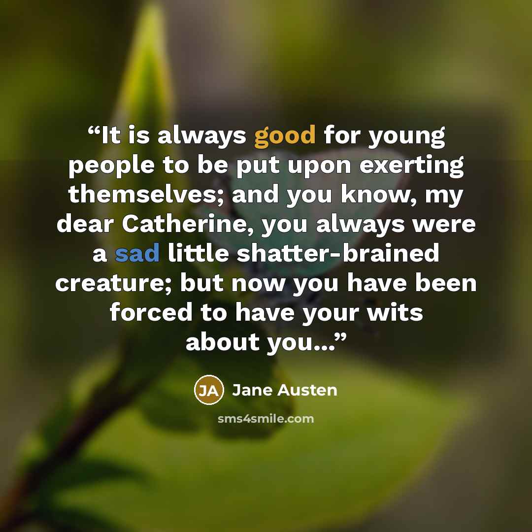 “It is always good for young people to be put upon exerting themselves; and you know, my dear Catherine, you always were a sad little shatter-brained creature; but now you have been forced to have your wits about you...” quote by Jane Austen