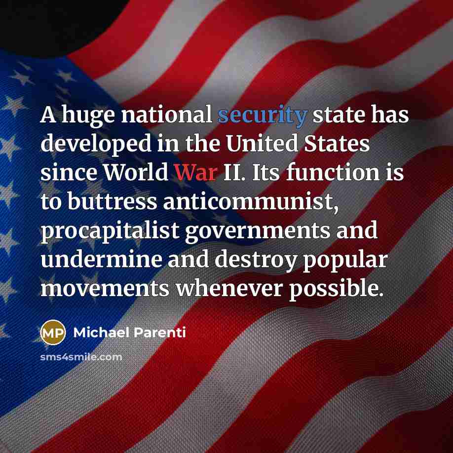 “A huge national security state has developed in the United States since World War II. Its function is to buttress anticommunist, procapitalist governments and undermine and destroy popular movements whenever possible.” quote by Michael Parenti