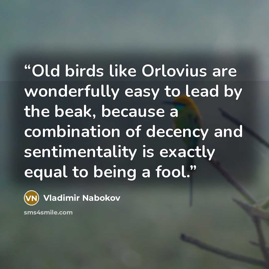 “Old birds like Orlovius are wonderfully easy to lead by the beak, because a combination of decency and sentimentality is exactly equal to being a fool.” quote by Vladimir Nabokov