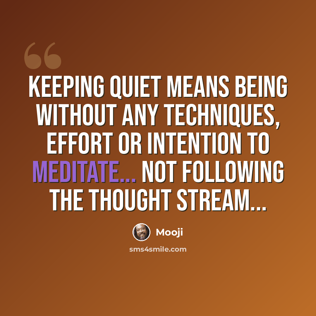 “Keeping quiet means being without any techniques, effort or intention to meditate... not following the thought stream...” quote by Mooji
