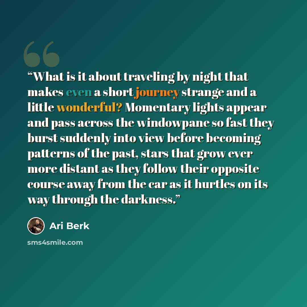 “What is it about traveling by night that makes even a short journey strange and a little wonderful? Momentary lights appear and pass across the windowpane so fast they burst suddenly into view before becoming patterns of the past, stars that grow ever more distant as they follow their opposite…” quote by Ari Berk