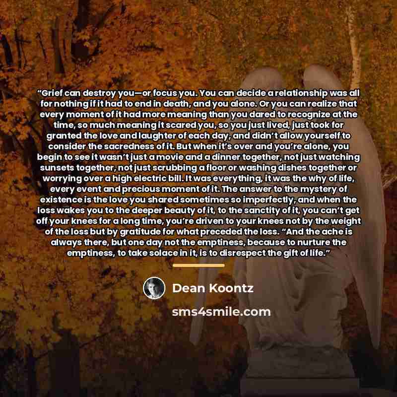 “Grief can destroy you—or focus you. You can decide a relationship was all for nothing if it had to end in death, and you alone. Or you can realize that every moment of it had more meaning than you dared to recognize at the time, so much meaning it scared you, so you just lived, just took for…” quote by Dean Koontz
