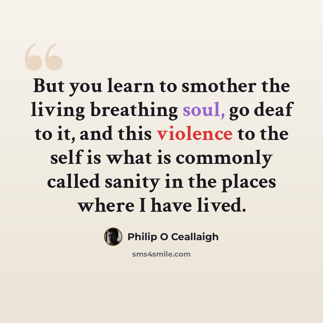 “But you learn to smother the living breathing soul, go deaf to it, and this violence to the self is what is commonly called sanity in the places where I have lived.” quote by Philip O Ceallaigh