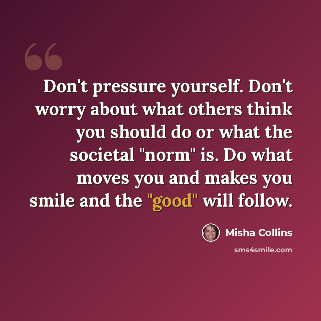“Don't pressure yourself. Don't worry about what others think you should do or what the societal "norm" is. Do what moves you and makes you smile and the "good" will follow.” quote by Misha Collins