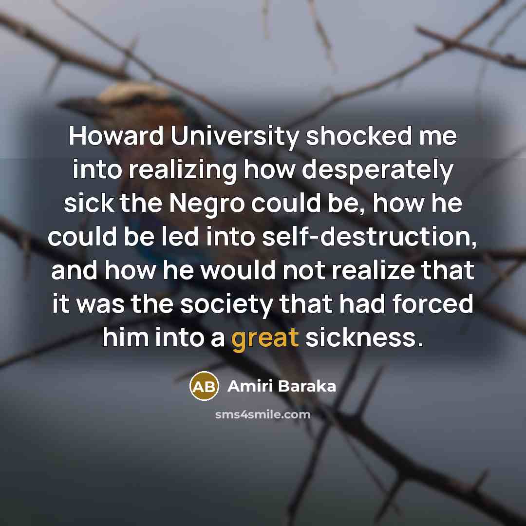 “Howard University shocked me into realizing how desperately sick the Negro could be, how he could be led into self-destruction, and how he would not realize that it was the society that had forced him into a great sickness.” quote by Amiri Baraka
