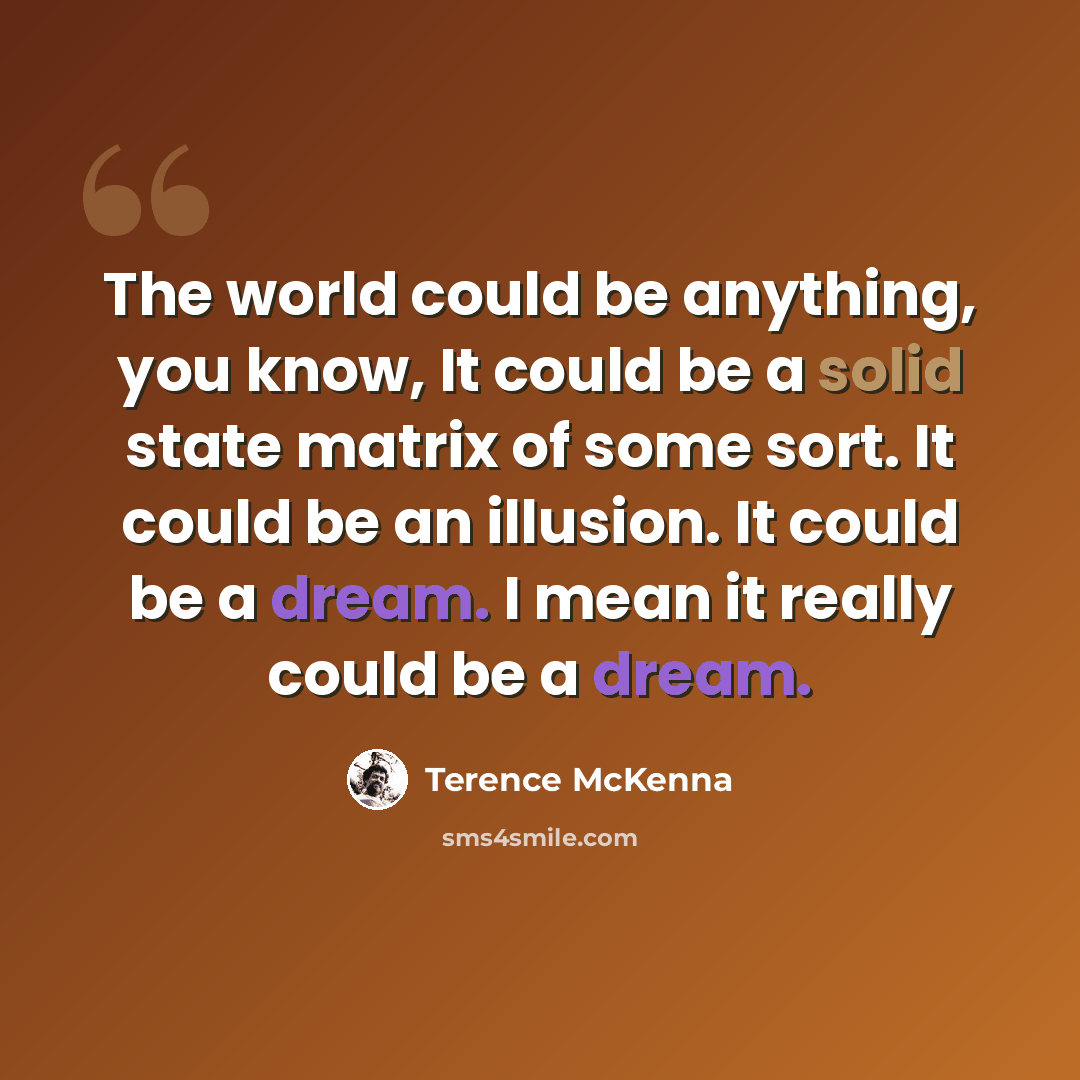 “The world could be anything, you know, It could be a solid state matrix of some sort. It could be an illusion. It could be a dream. I mean it really could be a dream.” quote by Terence McKenna