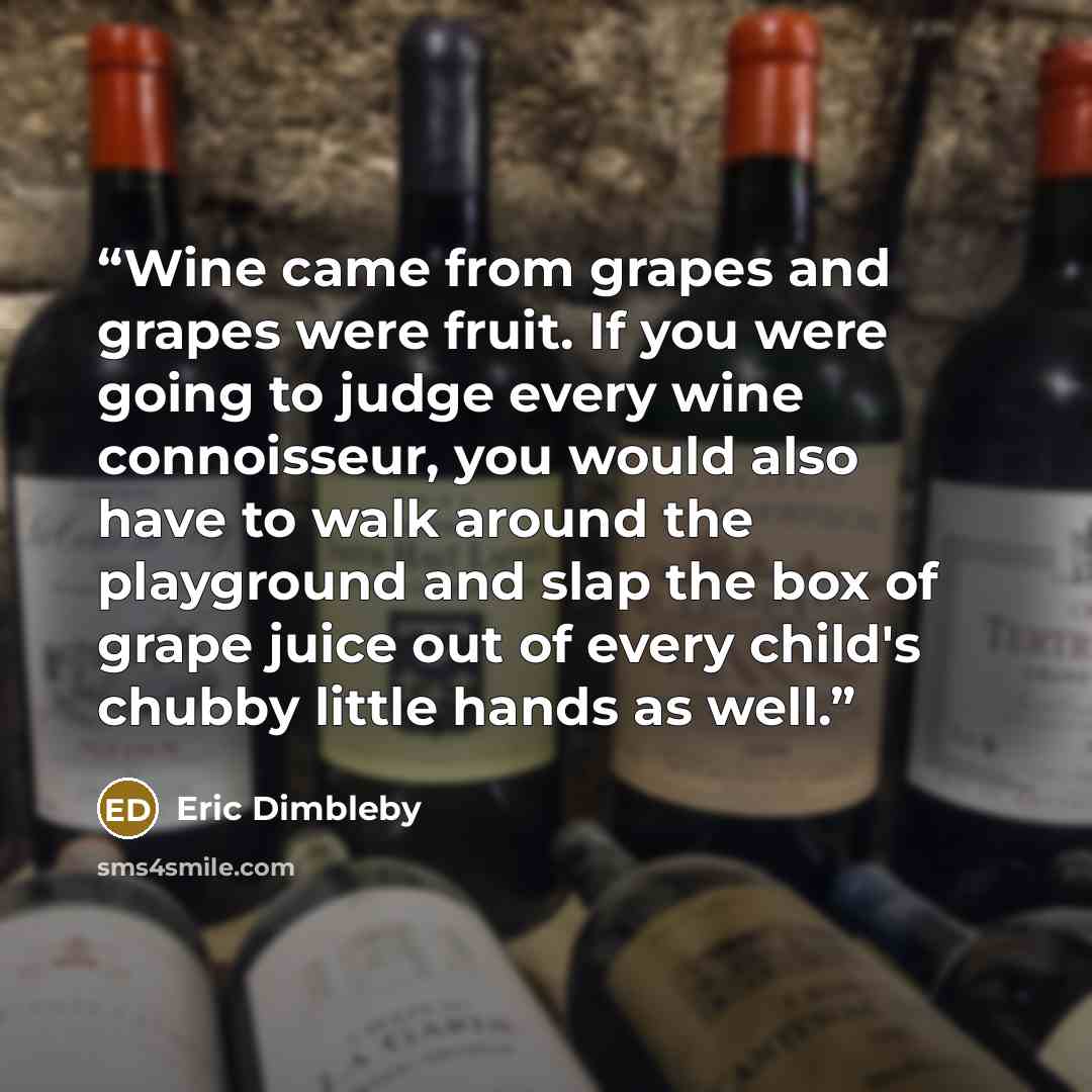 “Wine came from grapes and grapes were fruit. If you were going to judge every wine connoisseur, you would also have to walk around the playground and slap the box of grape juice out of every child's chubby little hands as well.” quote by Eric Dimbleby
