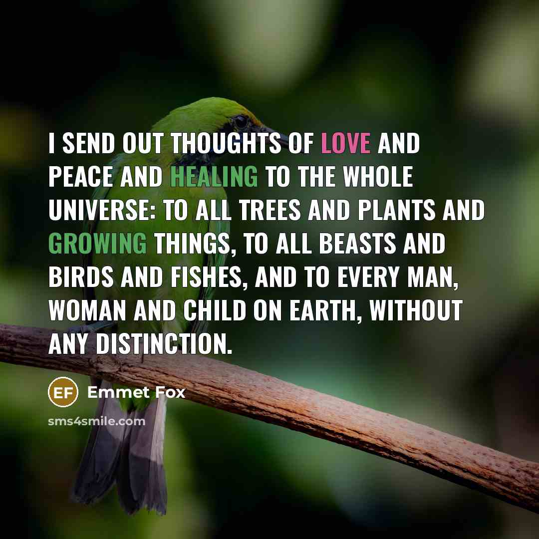“I send out thoughts of love and peace and healing to the whole universe: to all trees and plants and growing things, to all beasts and birds and fishes, and to every man, woman and child on earth, without any distinction.” quote by Emmet Fox