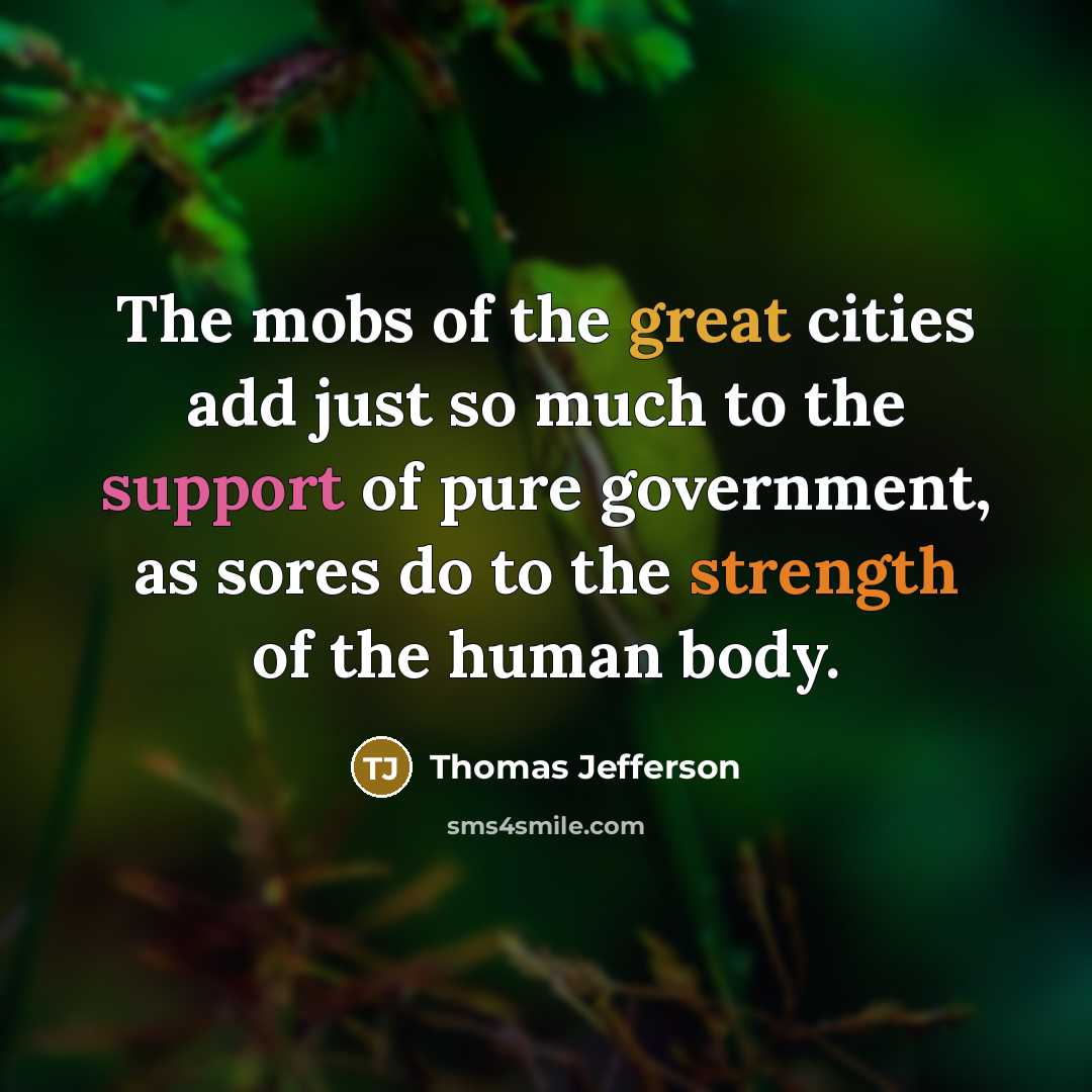 “The mobs of the great cities add just so much to the support of pure government, as sores do to the strength of the human body.” quote by Thomas Jefferson
