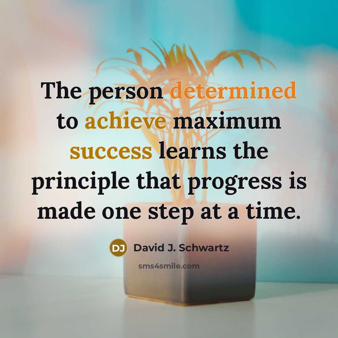 “The person determined to achieve maximum success learns the principle that progress is made one step at a time.” quote by David J. Schwartz