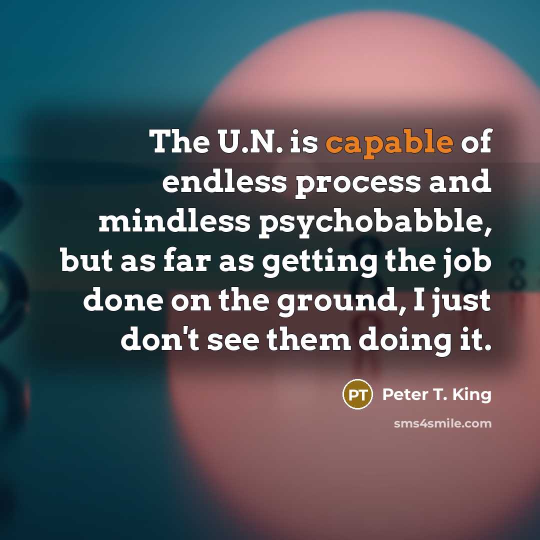 “The U.N. is capable of endless process and mindless psychobabble, but as far as getting the job done on the ground, I just don't see them doing it.” quote by Peter T. King