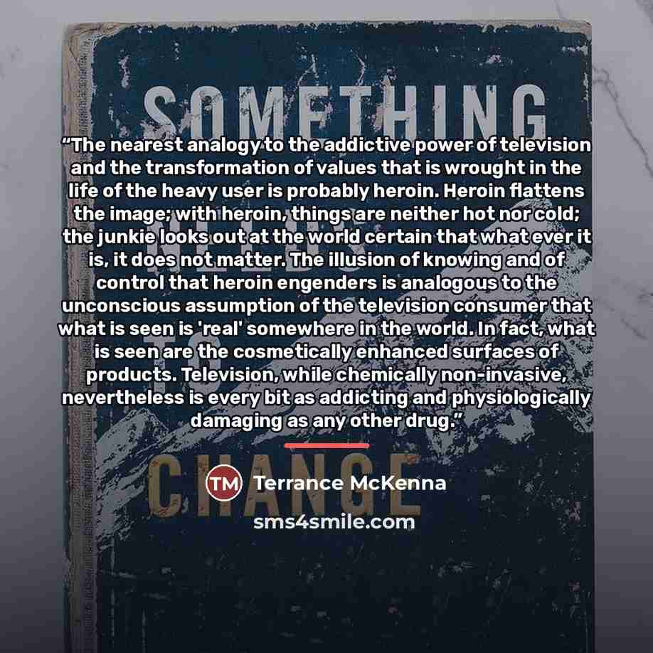 “The nearest analogy to the addictive power of television and the transformation of values that is wrought in the life of the heavy user is probably heroin. Heroin flattens the image; with heroin, things are neither hot nor cold; the junkie looks out at the world certain that what ever it is, it…” quote by Terrance McKenna