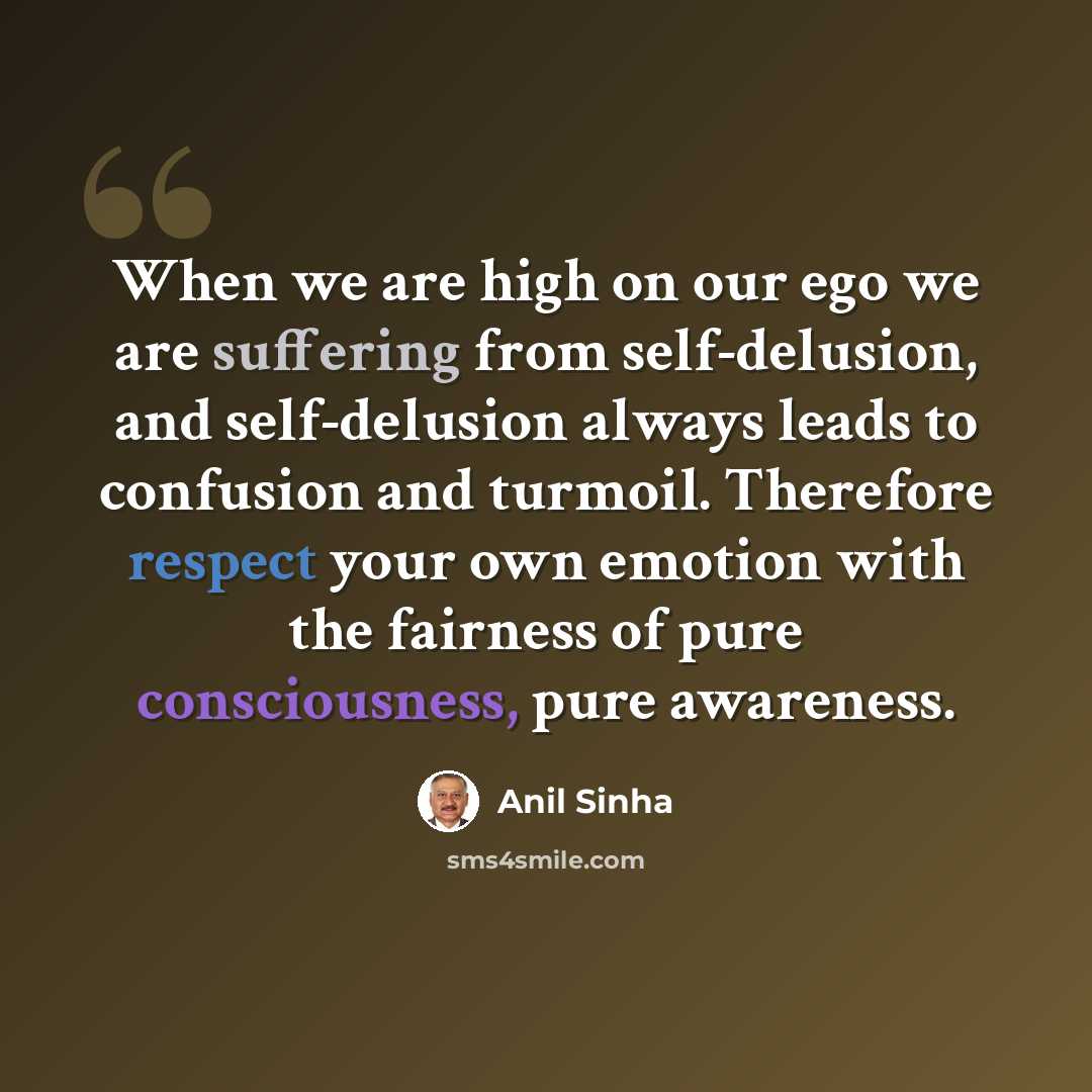 “When we are high on our ego we are suffering from self-delusion, and self-delusion always leads to confusion and turmoil. Therefore respect your own emotion with the fairness of pure consciousness, pure awareness.” quote by Anil SInha