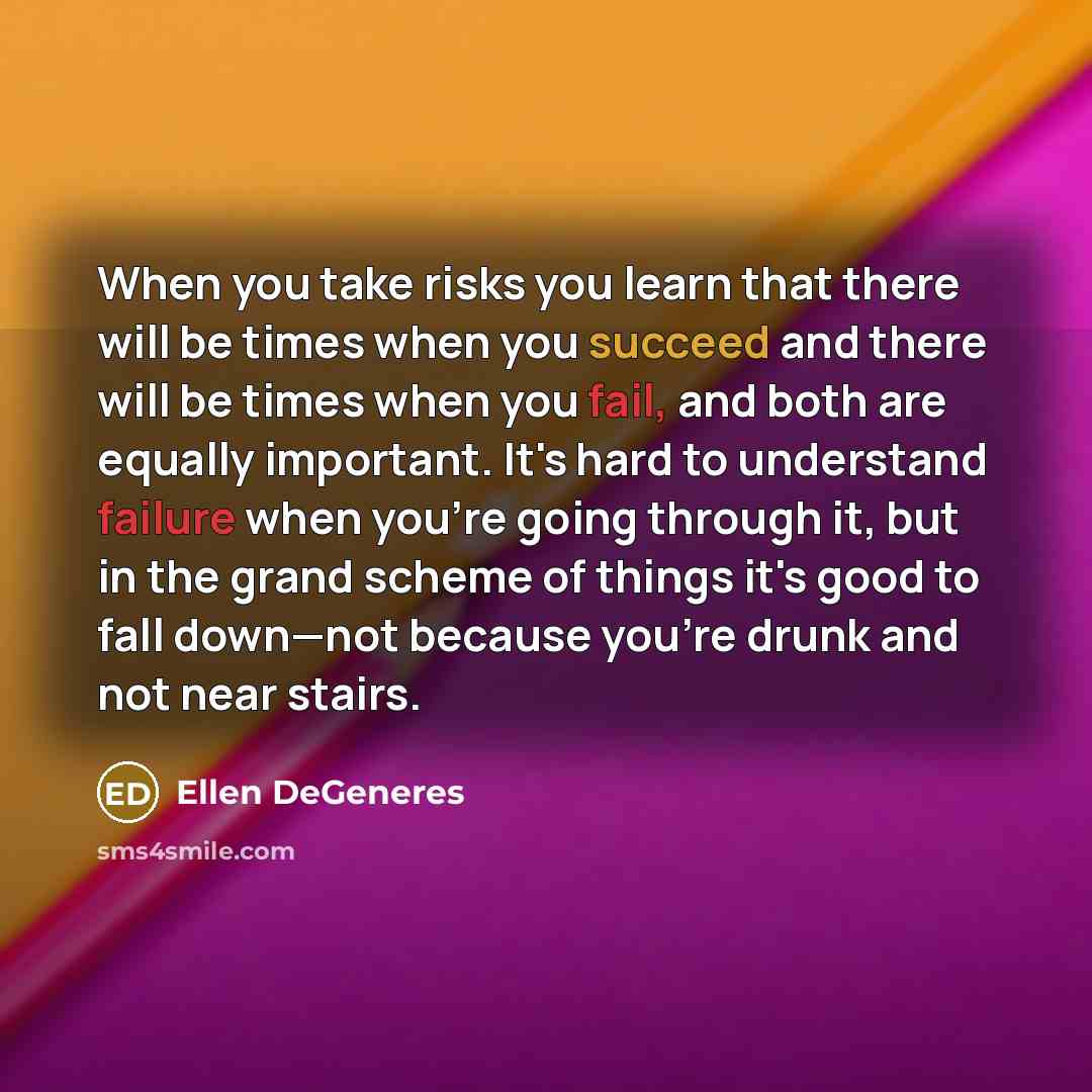 “When you take risks you learn that there will be times when you succeed and there will be times when you fail, and both are equally important. It's hard to understand failure when you're going through it, but in the grand scheme of things it's good to fall down—not because you're drunk and not…” quote by Ellen DeGeneres
