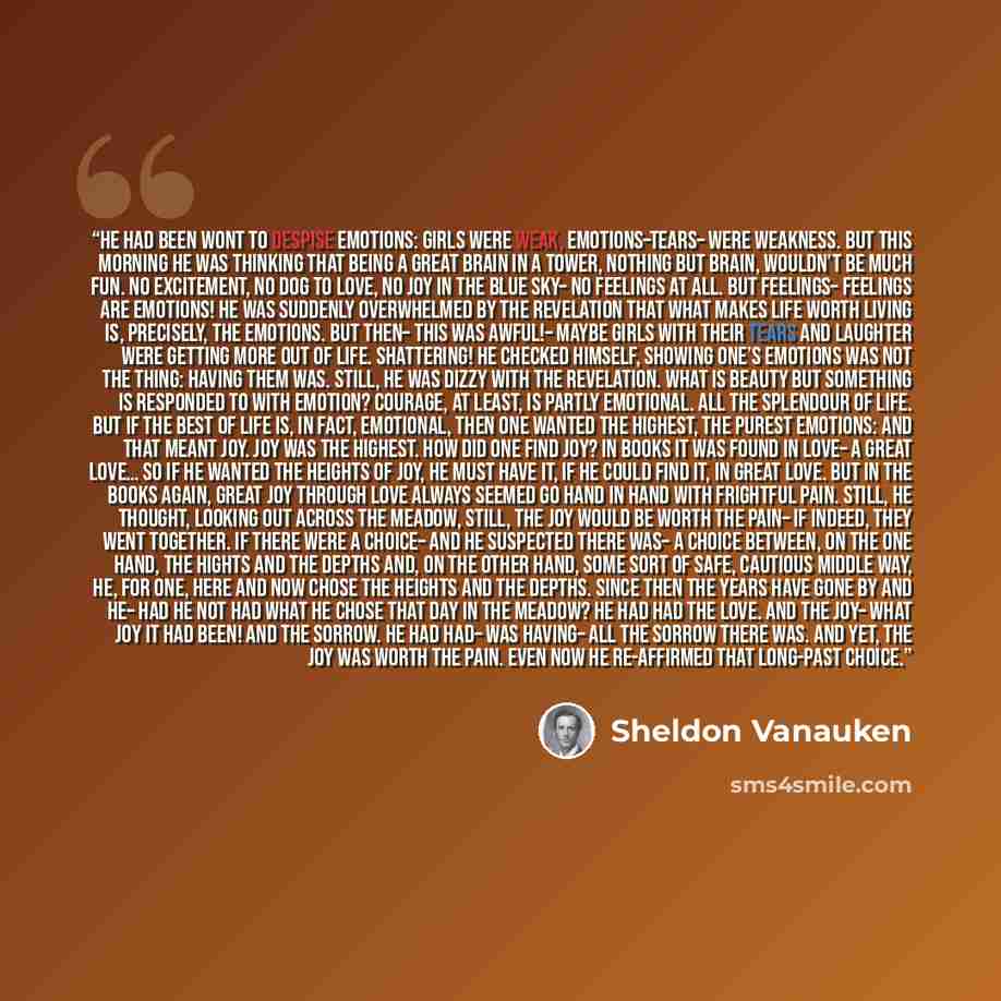 “He had been wont to despise emotions: girls were weak, emotions–tears– were weakness. But this morning he was thinking that being a great brain in a tower, nothing but brain, wouldn’t be much fun. No excitement, no dog to love, no joy in the blue sky– no feelings at all. But feelings– feelings are…” quote by Sheldon Vanauken