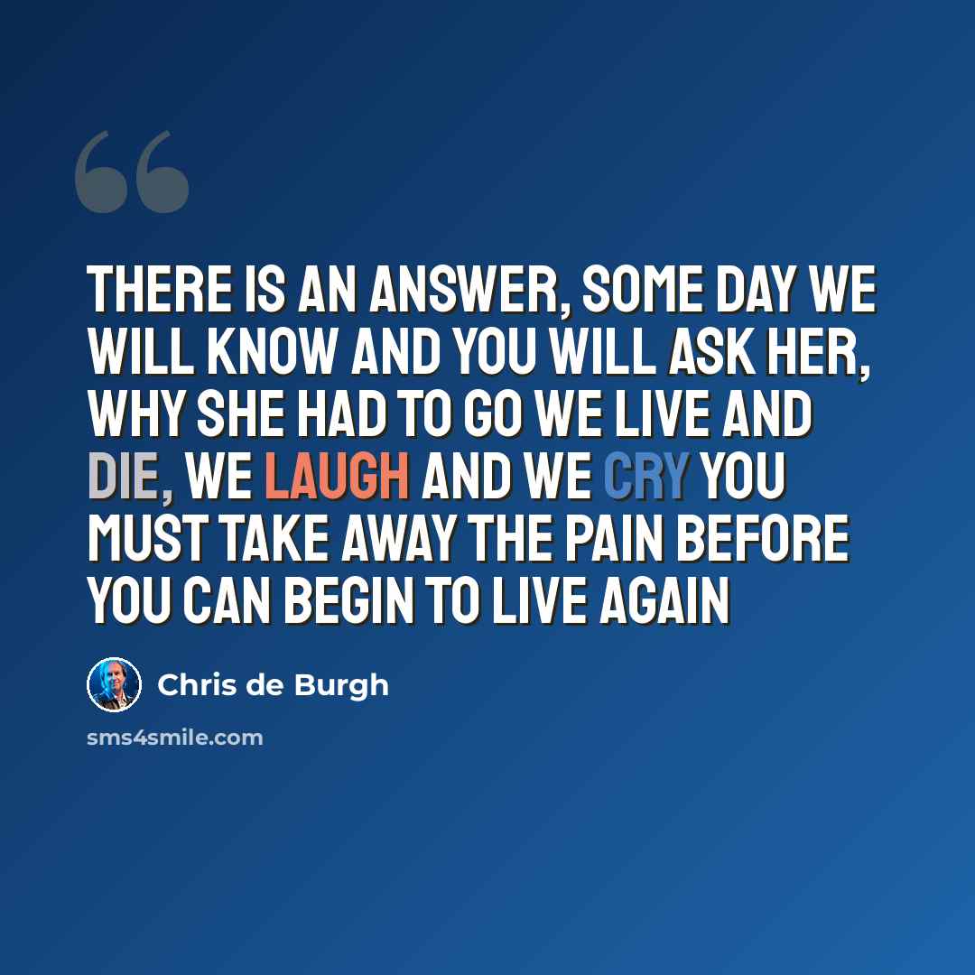 “There is an answer, some day we will know And you will ask her, why she had to go We live and die, we laugh and we cry You must take away the pain Before you can begin to live again” quote by Chris de Burgh