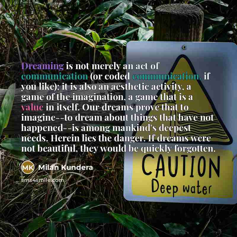 “Dreaming is not merely an act of communication (or coded communication, if you like); it is also an aesthetic activity, a game of the imagination, a game that is a value in itself. Our dreams prove that to imagine--to dream about things that have not happened--is among mankind's deepest needs…” quote by Milan Kundera