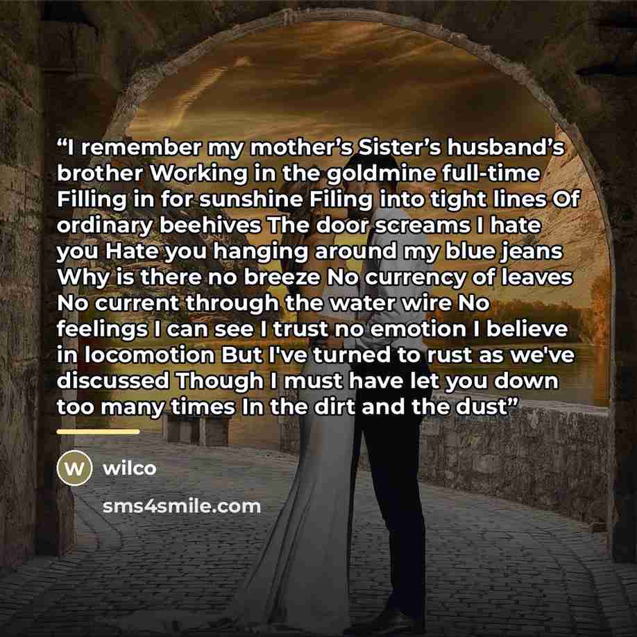 “I remember my mother’s Sister’s husband’s brother Working in the goldmine full-time Filling in for sunshine Filing into tight lines Of ordinary beehives The door screams I hate you Hate you hanging around my blue jeans Why is there no breeze No currency of leaves No current through the water wire…” quote by Wilco