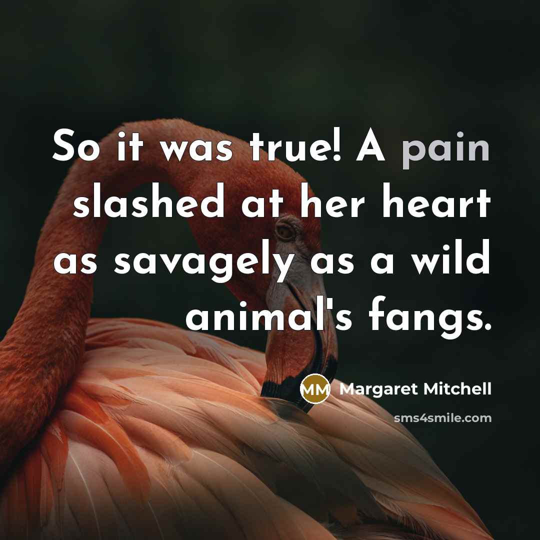 “So it was true! A pain slashed at her heart as savagely as a wild animal's fangs.” quote by Margaret Mitchell