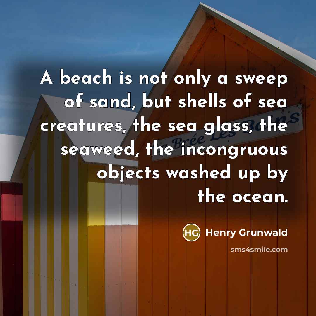 “A beach is not only a sweep of sand, but shells of sea creatures, the sea glass, the seaweed, the incongruous objects washed up by the ocean.” quote by Henry Grunwald