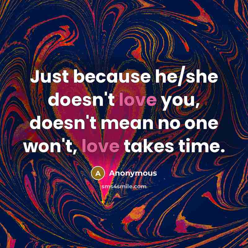 “Just because he/she doesn't love you, doesn't mean no one won't, love takes time.” quote by Anonymous