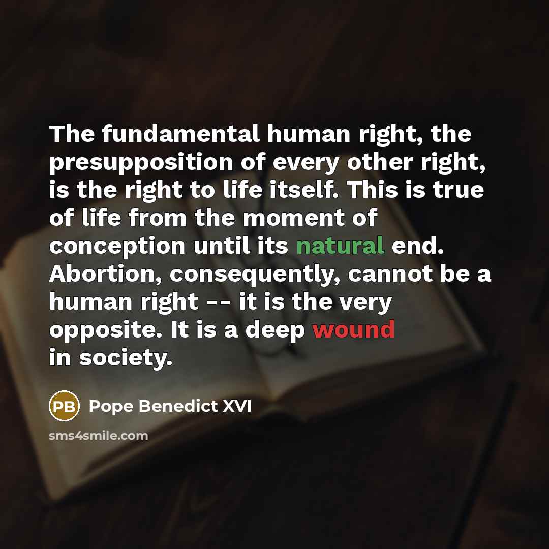 “The fundamental human right, the presupposition of every other right, is the right to life itself. This is true of life from the moment of conception until its natural end. Abortion, consequently, cannot be a human right -- it is the very opposite. It is a deep wound in society.” quote by Pope Benedict XVI