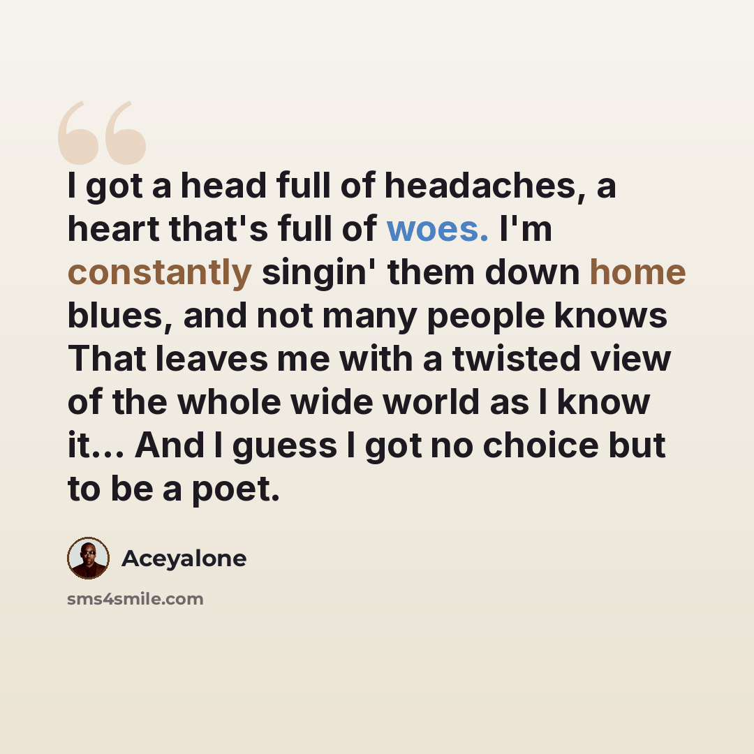“I got a head full of headaches, a heart that's full of woes. I'm constantly singin' them down home blues, and not many people knows That leaves me with a twisted view of the whole wide world as I know it... And I guess I got no choice but to be a poet.” quote by Aceyalone