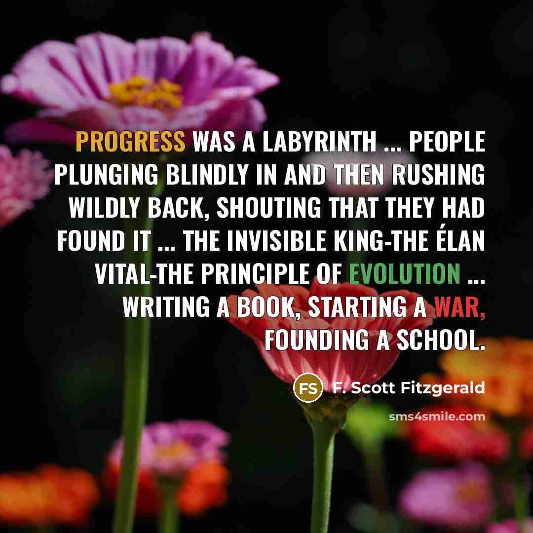 “Progress was a labyrinth ... people plunging blindly in and then rushing wildly back, shouting that they had found it ... the invisible king-the élan vital-the principle of evolution ... writing a book, starting a war, founding a school.” quote by F. Scott Fitzgerald