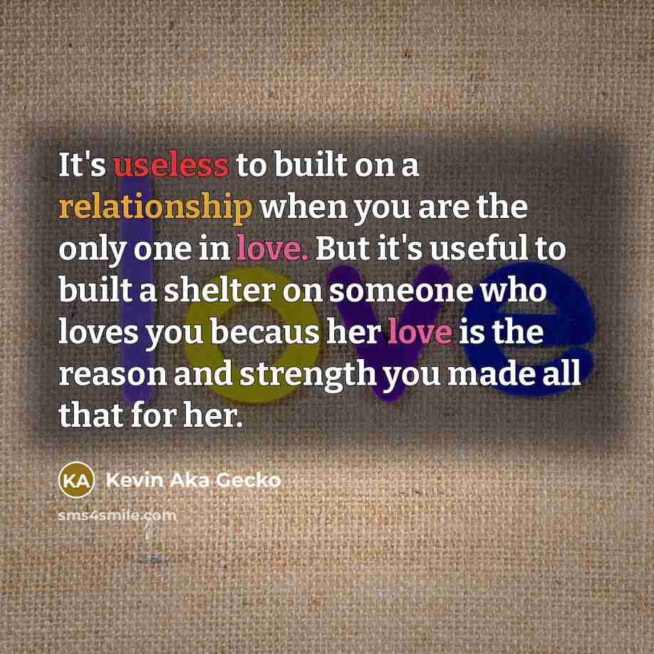 “It's useless to built on a relationship when you are the only one in love. But it's useful to built a shelter on someone who loves you becaus her love is the reason and strength you made all that for her.” quote by Kevin Aka Gecko