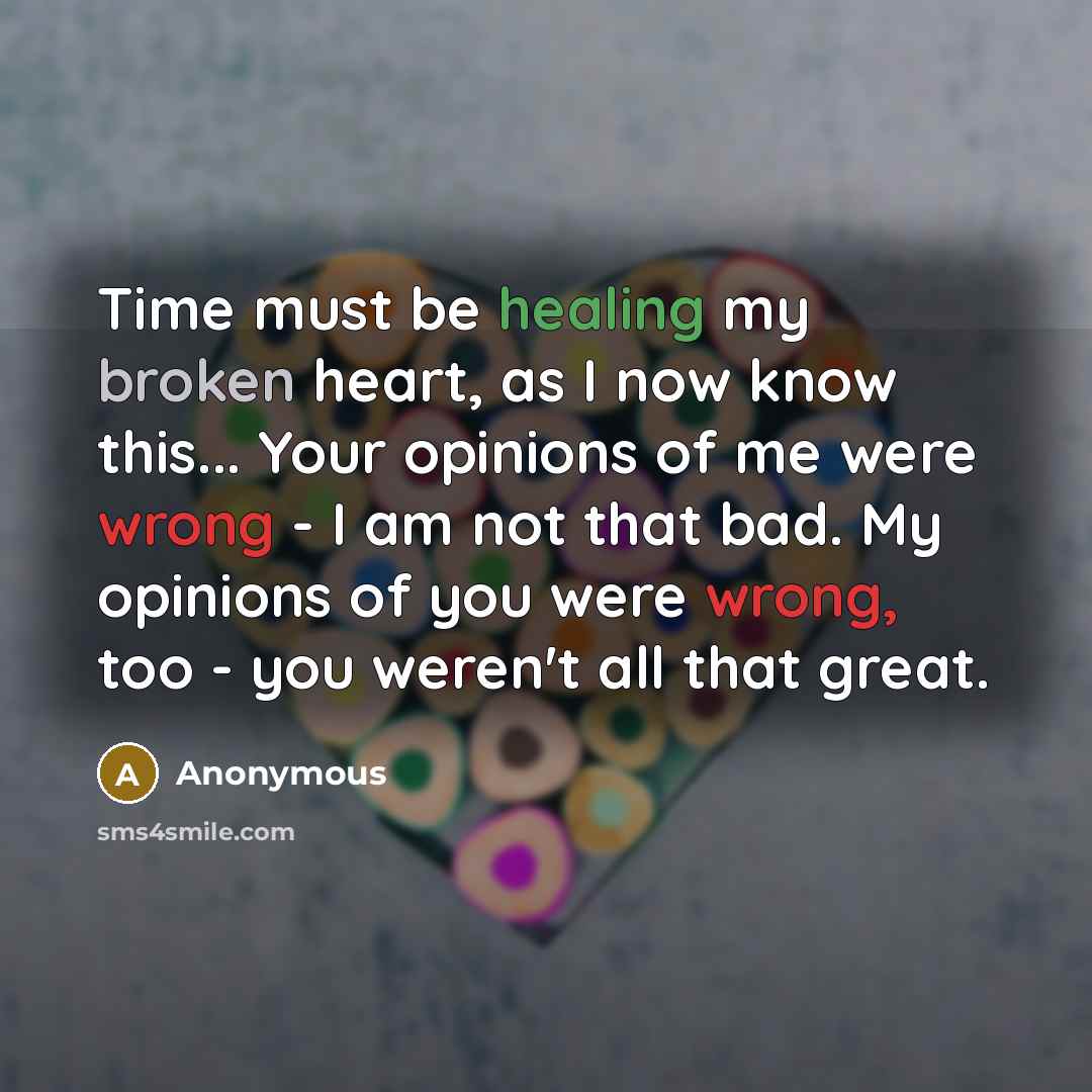 “Time must be healing my broken heart, as I now know this... Your opinions of me were wrong - I am not that bad. My opinions of you were wrong, too - you weren't all that great.” quote by Anonymous