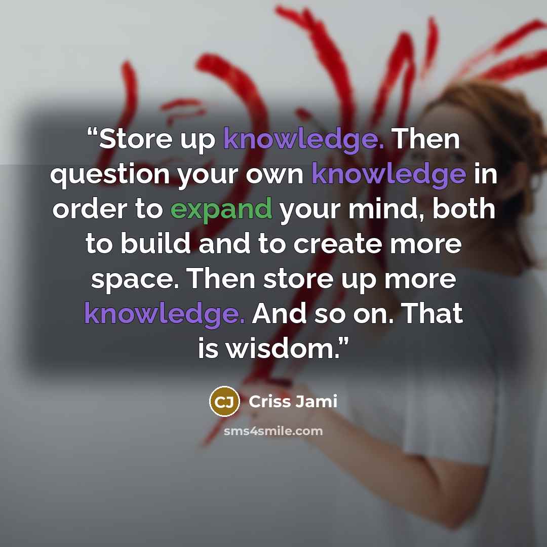 “Store up knowledge. Then question your own knowledge in order to expand your mind, both to build and to create more space. Then store up more knowledge. And so on. That is wisdom.” quote by Criss Jami