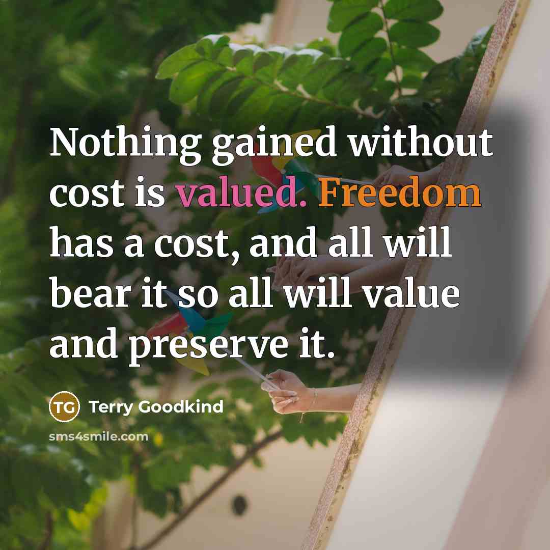 “Nothing gained without cost is valued. Freedom has a cost, and all will bear it so all will value and preserve it.” quote by Terry Goodkind
