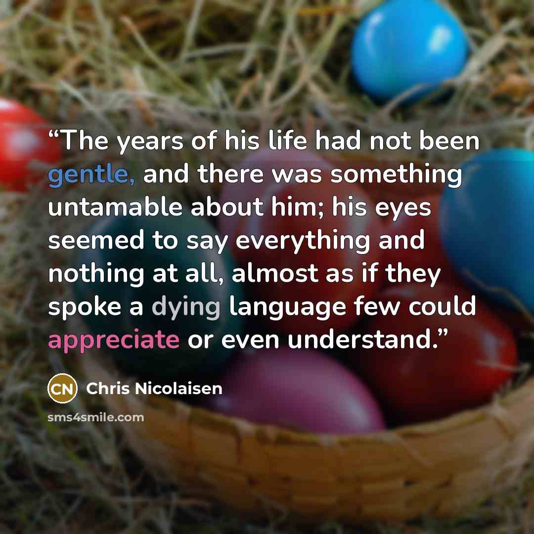 “The years of his life had not been gentle, and there was something untamable about him; his eyes seemed to say everything and nothing at all, almost as if they spoke a dying language few could appreciate or even understand.” quote by Chris Nicolaisen