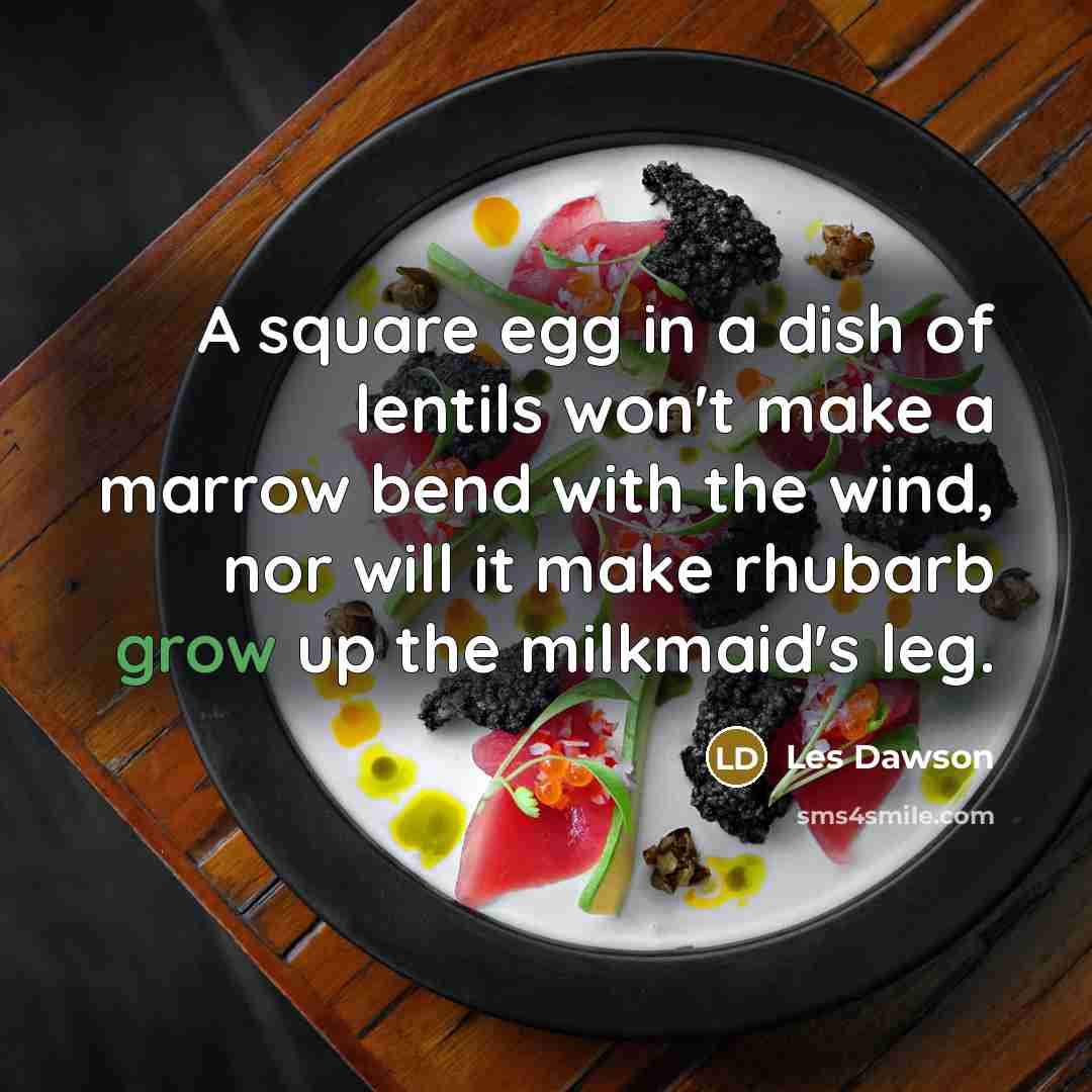“A square egg in a dish of lentils won't make a marrow bend with the wind, nor will it make rhubarb grow up the milkmaid's leg.” quote by Les Dawson