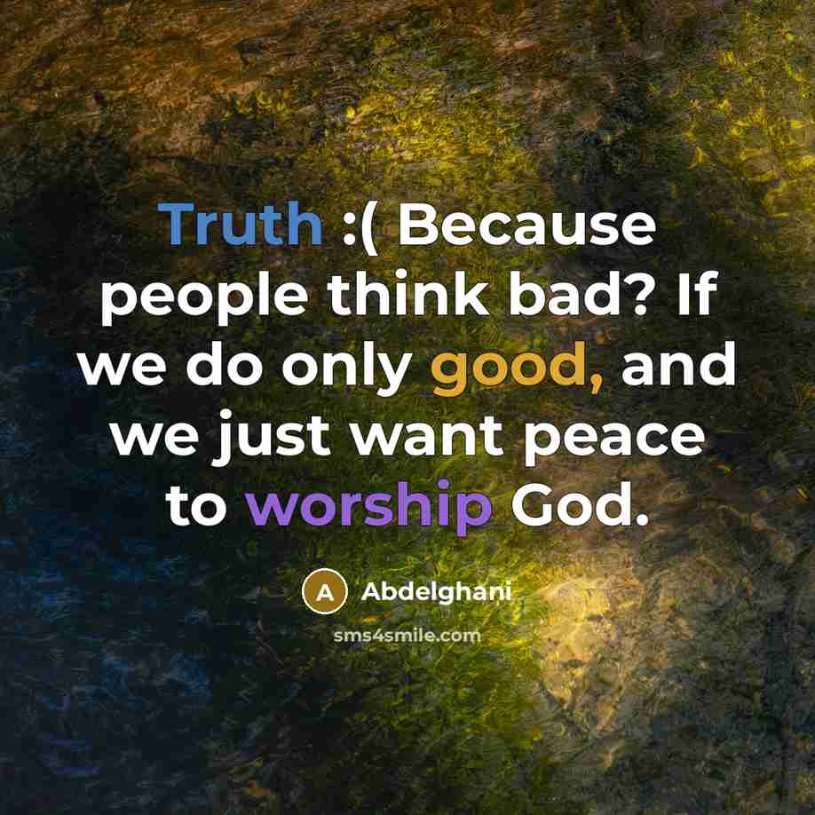 “Truth :( Because people think bad? If we do only good, and we just want peace to worship God.” quote by Abdelghani