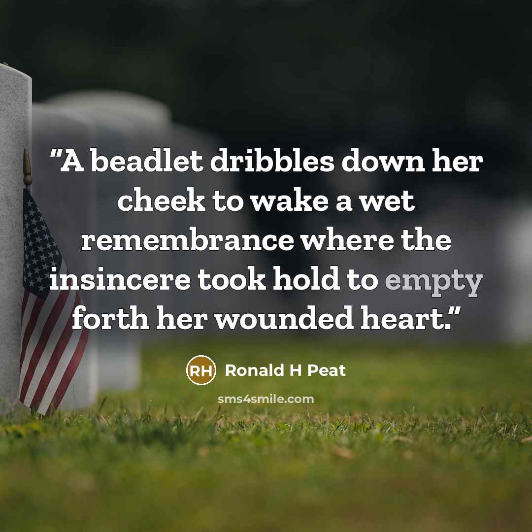 “A beadlet dribbles down her cheek to wake a wet remembrance where the insincere took hold to empty forth her wounded heart.” quote by Ronald H Peat
