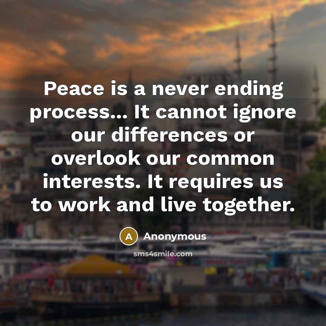 “Peace is a never ending process... It cannot ignore our differences or overlook our common interests. It requires us to work and live together.” quote by Anonymous